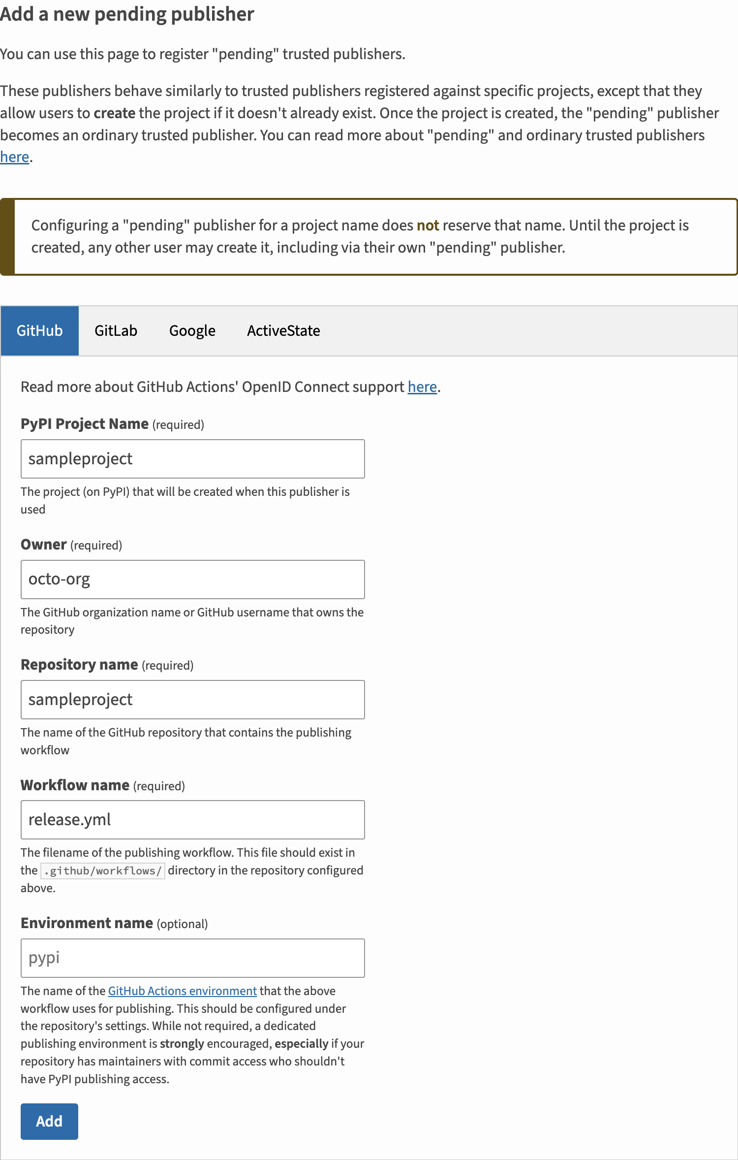 图片展示了如何添加新的 GitHub 发布者